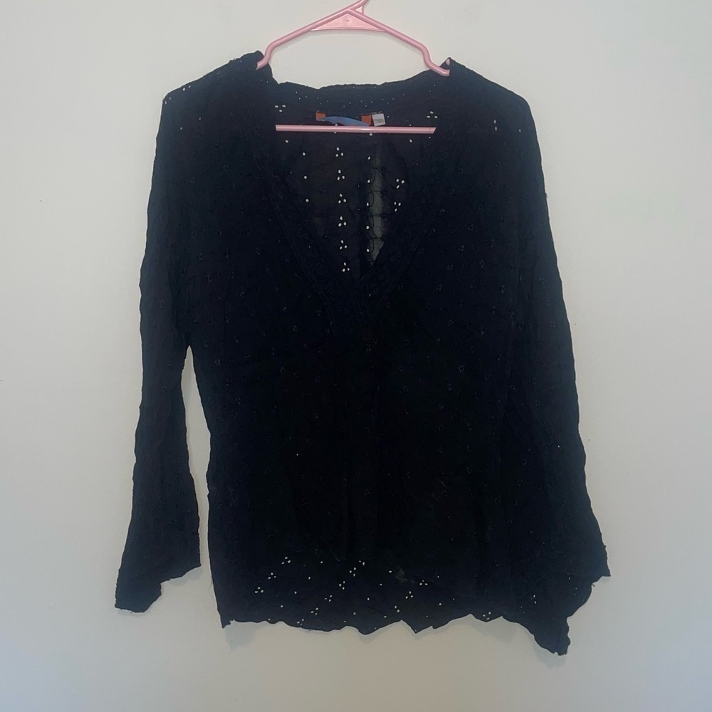 Johnny Was Black Eyelet Sheer V-Neck Bell Sleeve Boho Top Blouse Small
